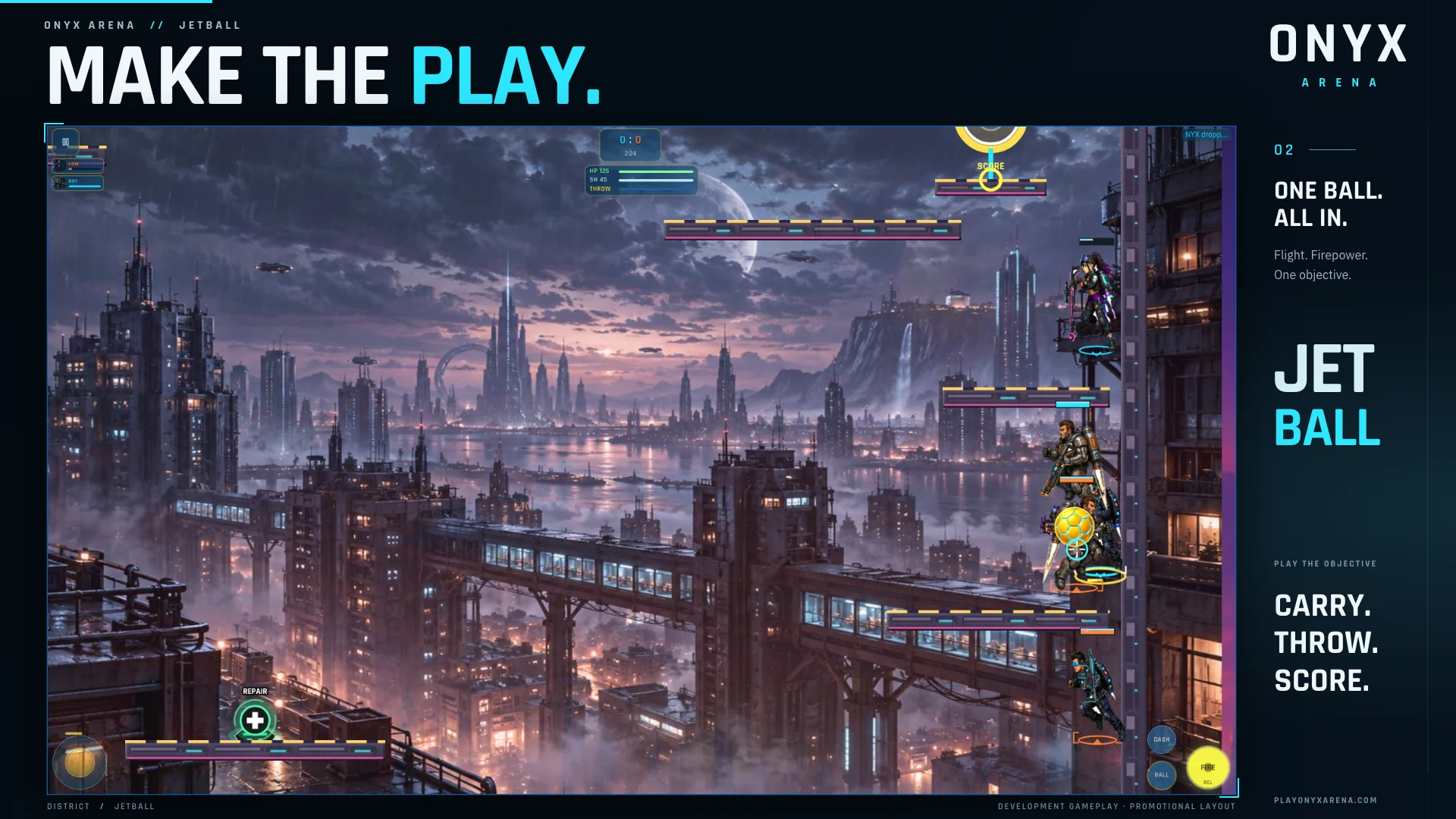 Promotional ONYX screenshot layout titled Make the Play with a runtime gameplay frame