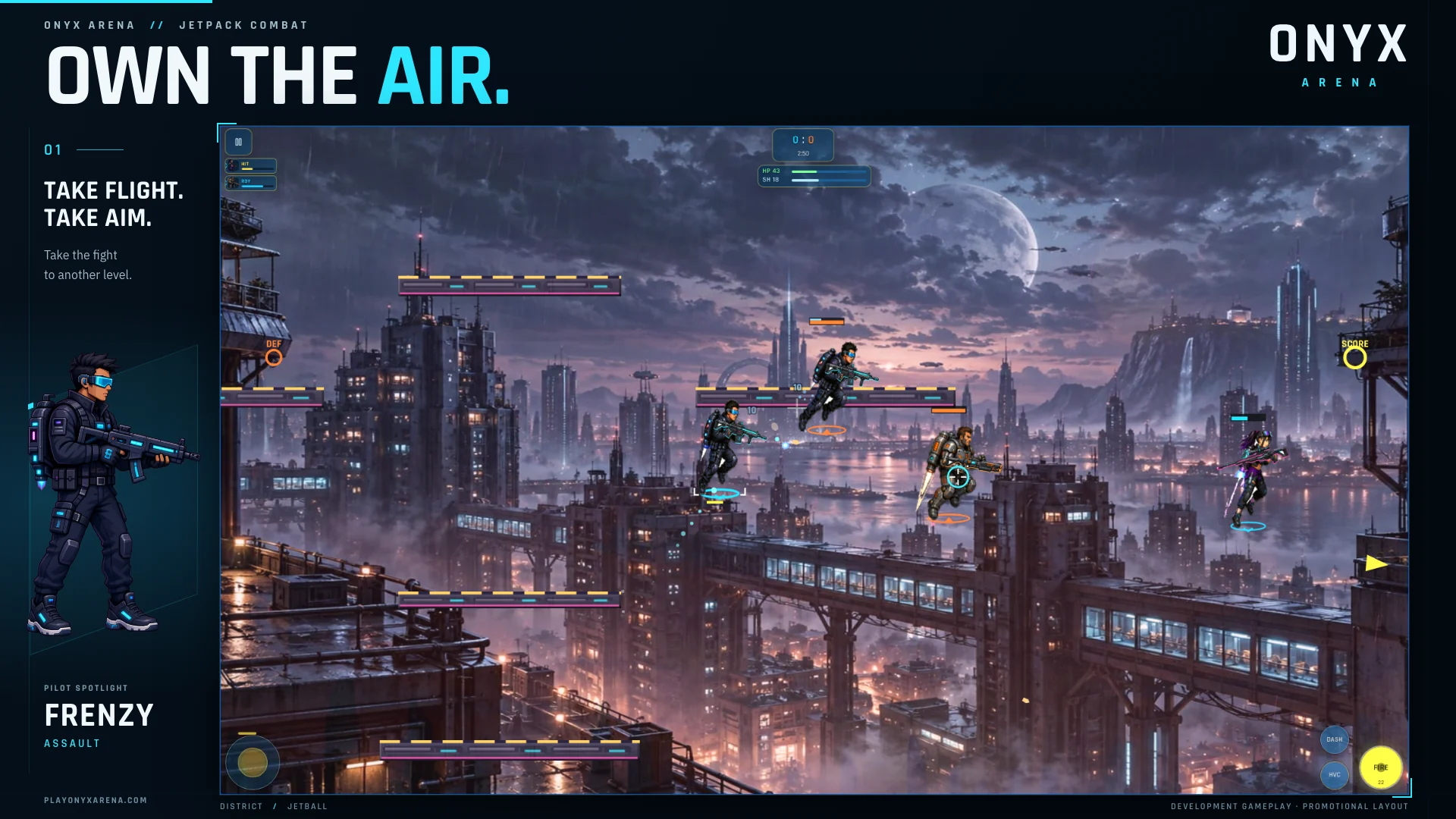 Promotional ONYX screenshot layout titled Own the Air with a runtime gameplay frame