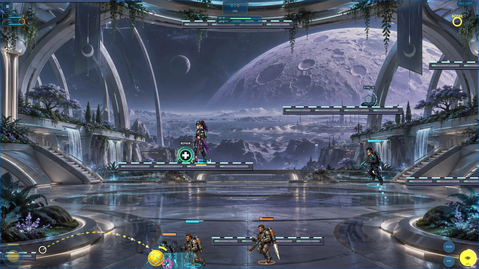 Actual JetBall gameplay on Moon Garden with pilots moving between platforms