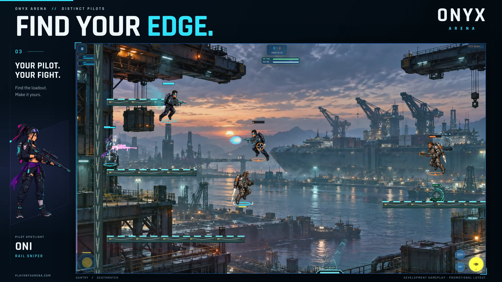 Promotional ONYX screenshot layout titled Find Your Edge with a runtime gameplay frame